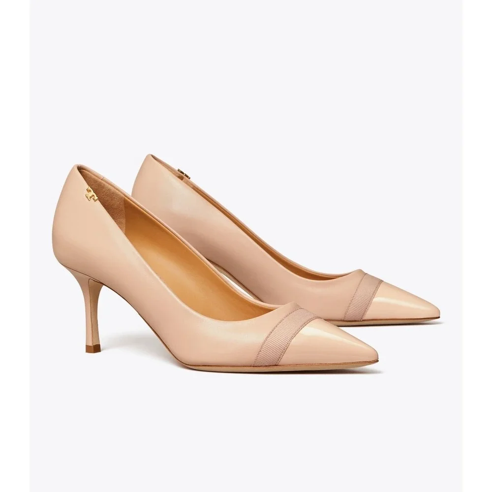 Tory Burch Chelsea Cap-Toe Pumps Blush Pink Leather Gold Logo Heels 11